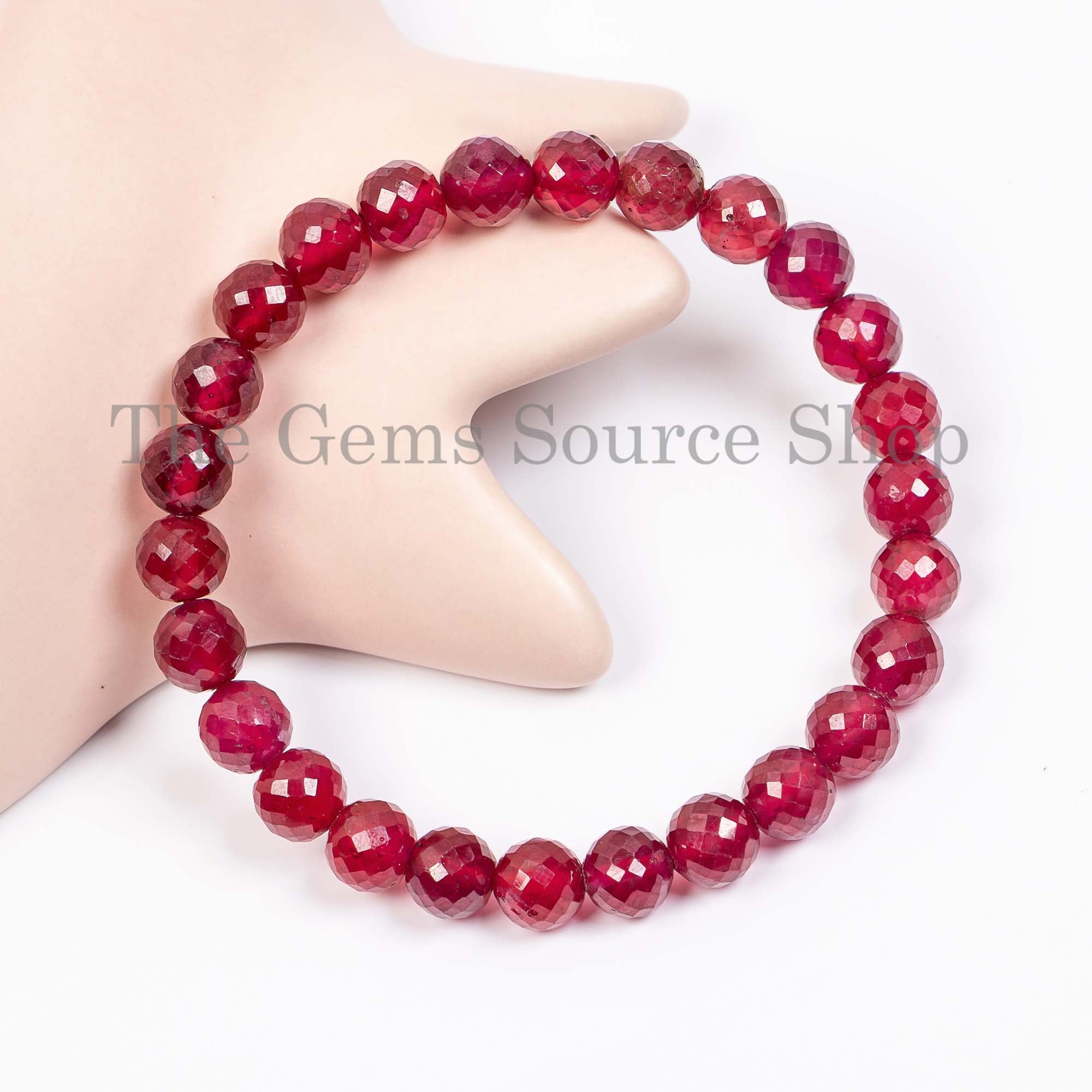 8mm Top Quality Ruby Faceted Round Stretchable Bracelet, Ruby Beaded Bracelet, Gemstone Bracelet