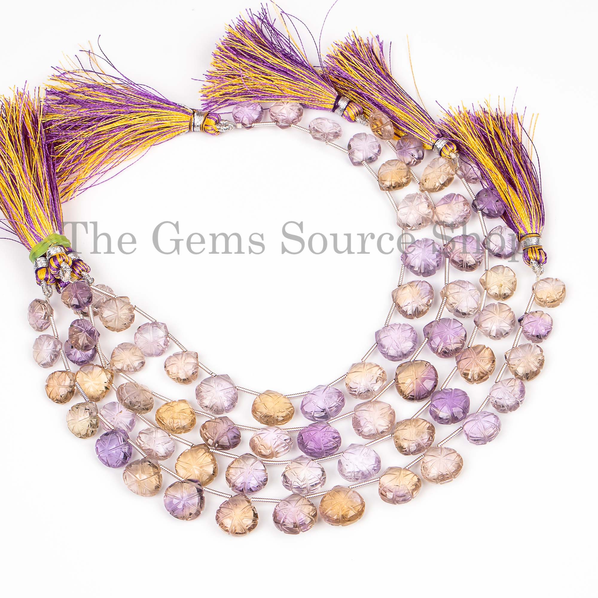Natural Ametrine Heart Shape Flower Carving Beads, Ametrine Heart Beads
