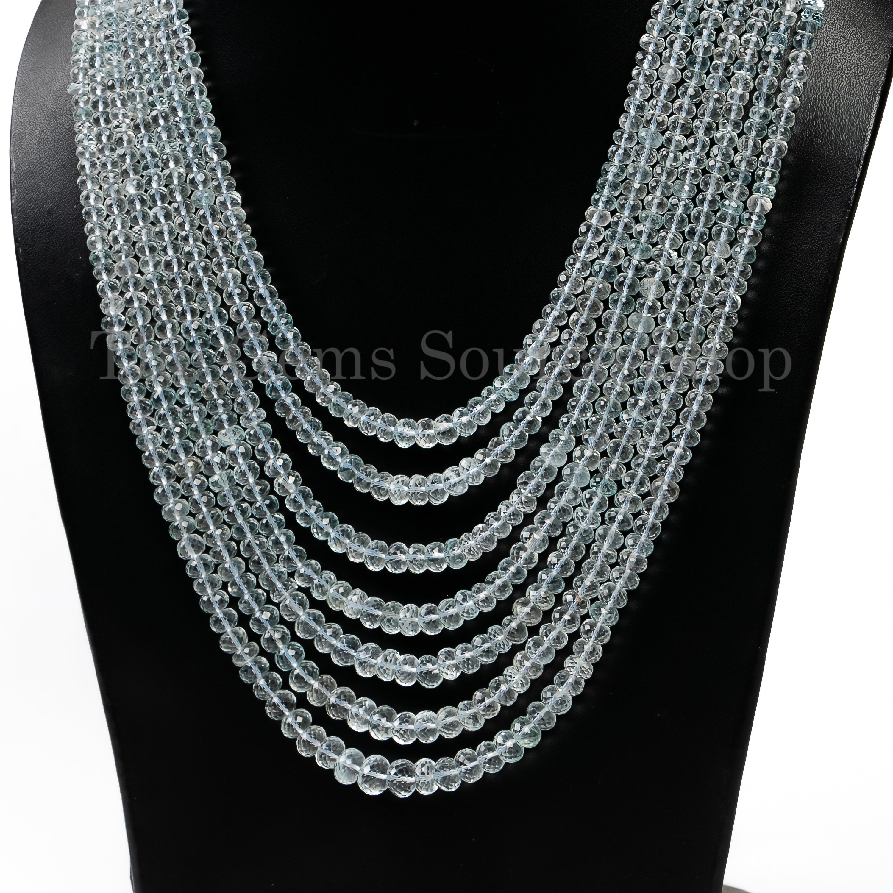 Aquamarine Faceted Rondelle Shape Gemstone Necklace (6 layered) TGS-4947