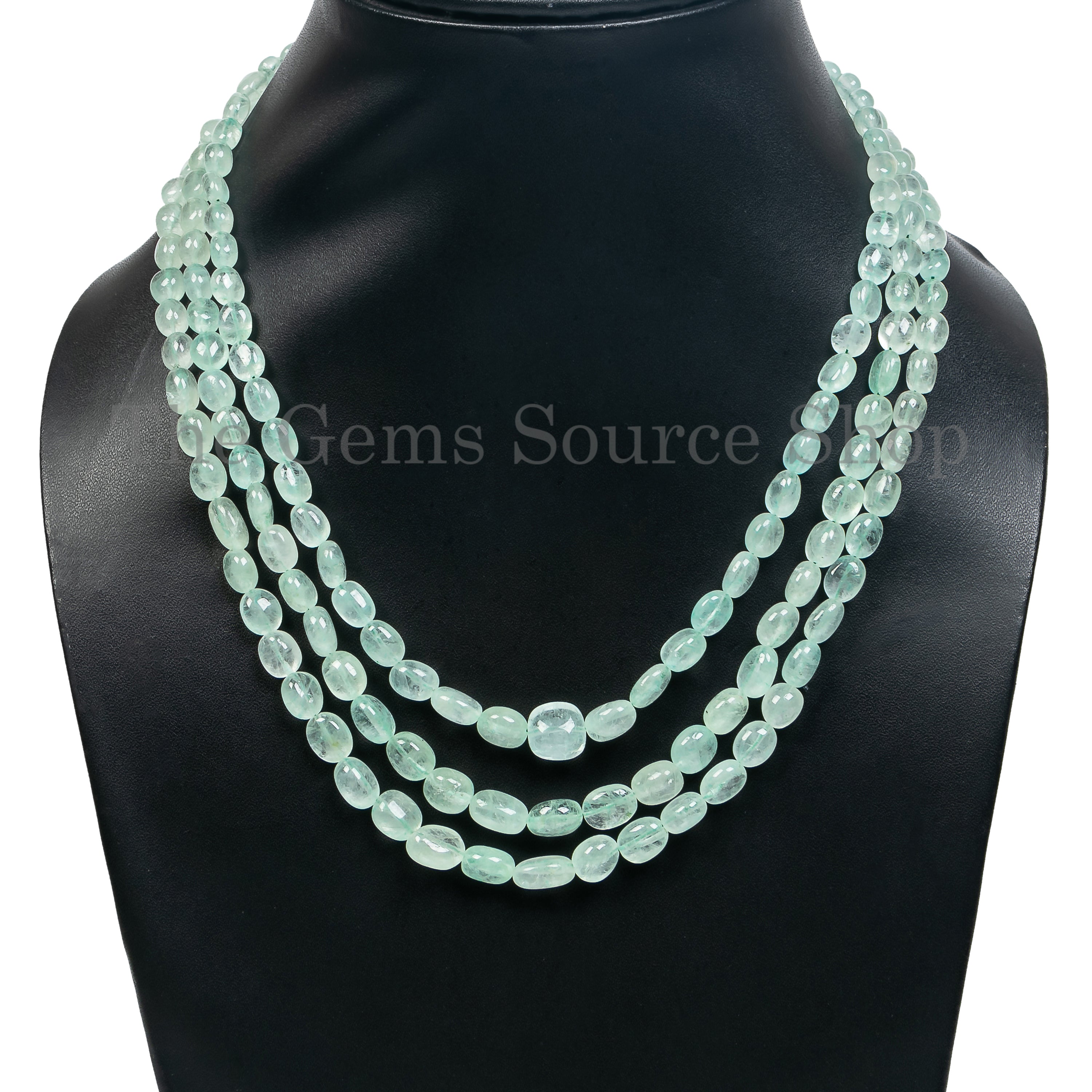3 Lines Green Beryl Smooth Nuggets Necklace, Green Beryl Plain Nuggets TGS-4567