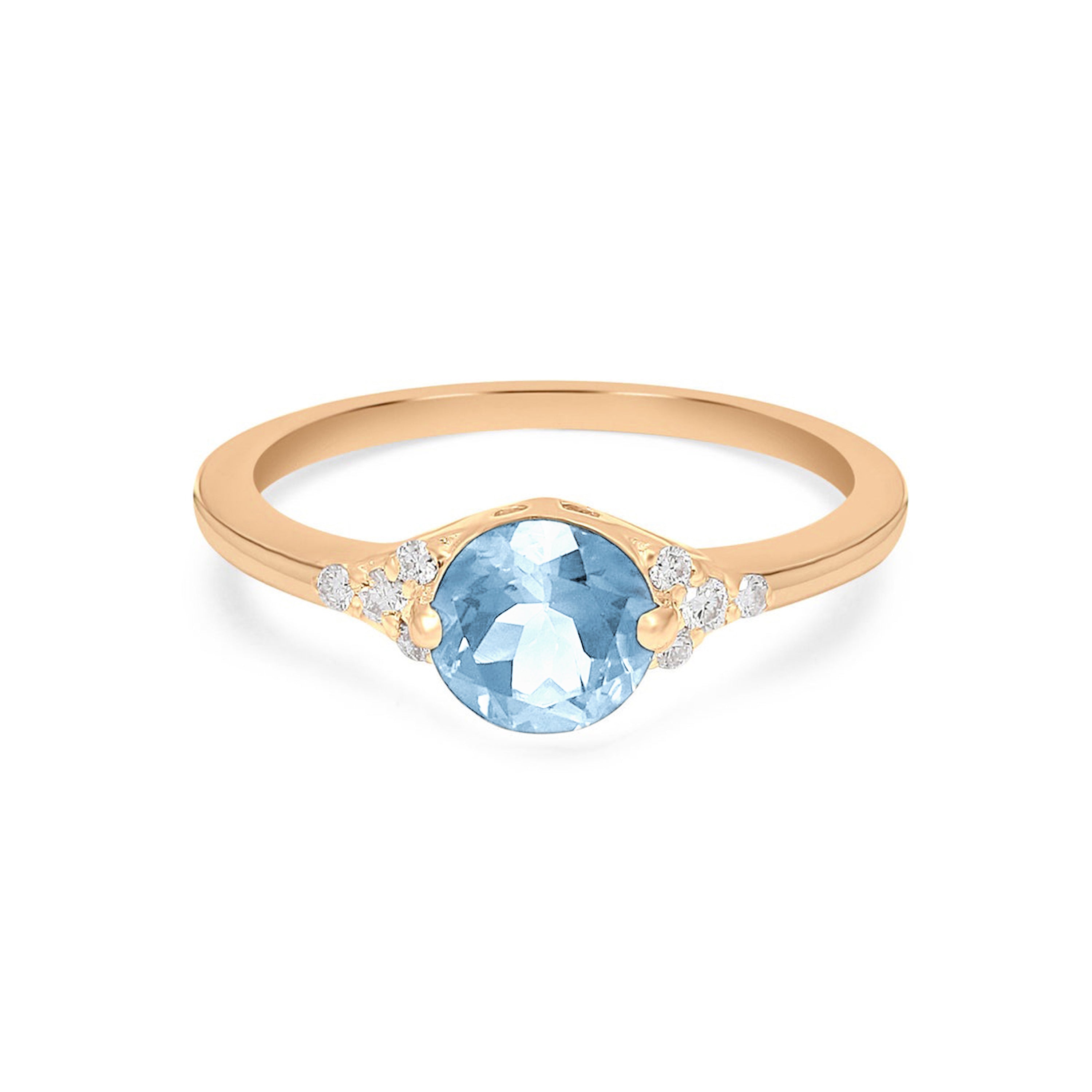 14k 18k Solid Gold Ring, Natural Aquamarine Ring, Diamond Halo Ring, Gift For Girl Friend, Gemstone Ring