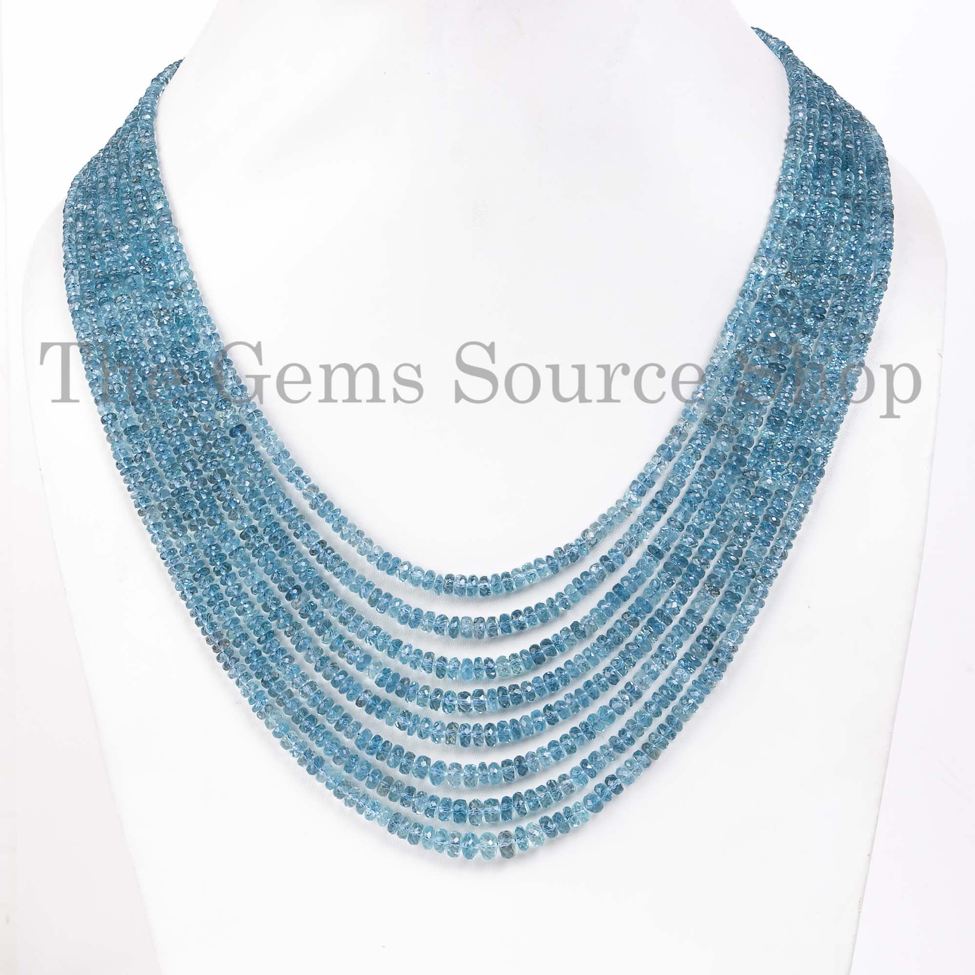 8 Lines Santa Maria Aquamarine Beads Necklace, Faceted Rondelle Beads Necklace, AAA Quality Gemstone Jewelry