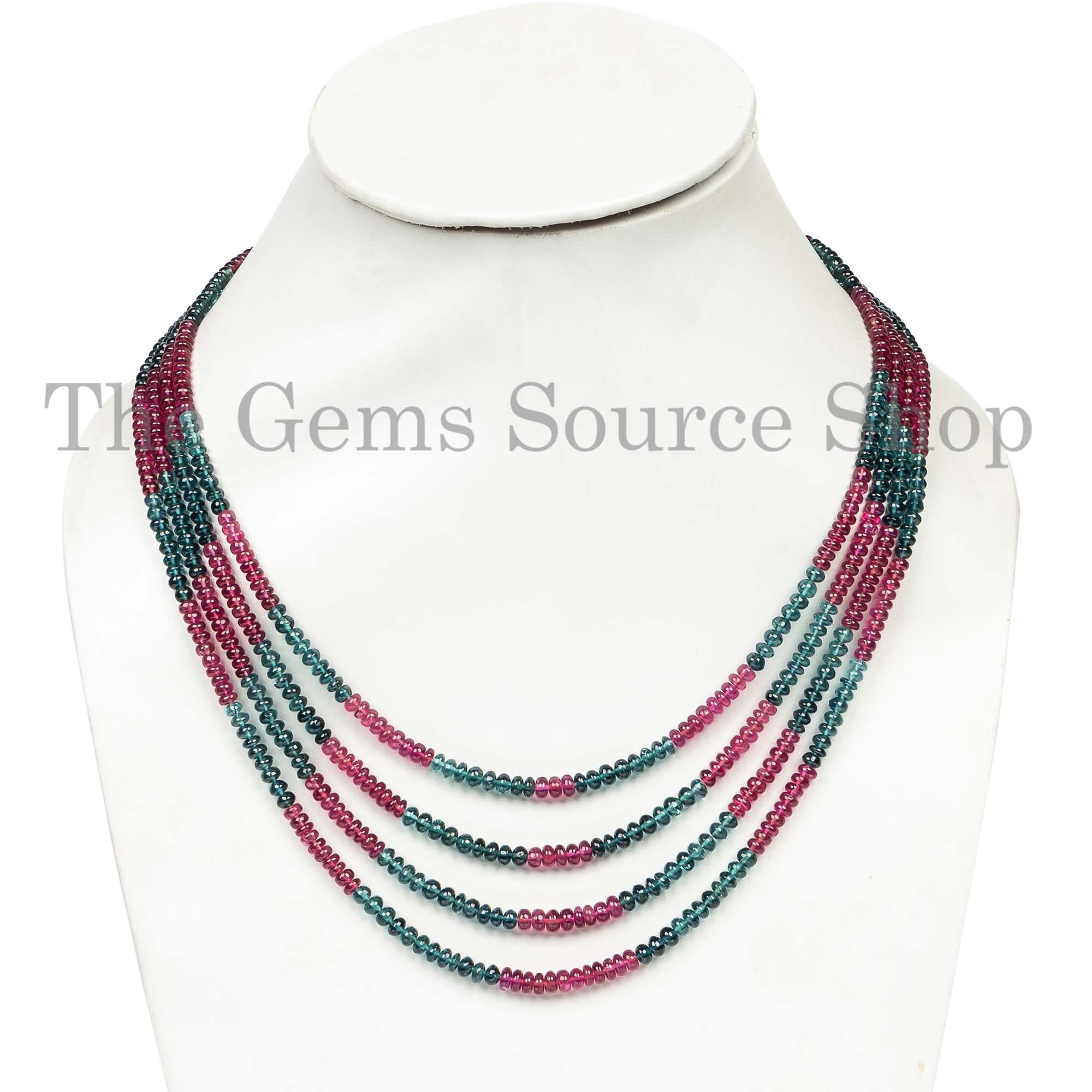 3.5-5mm Rubellite Pink Indicolite Blue Tourmaline Necklace, Gemstone Necklace, Natural Tourmaline, Smooth Rondelle Necklace, Beaded Necklace