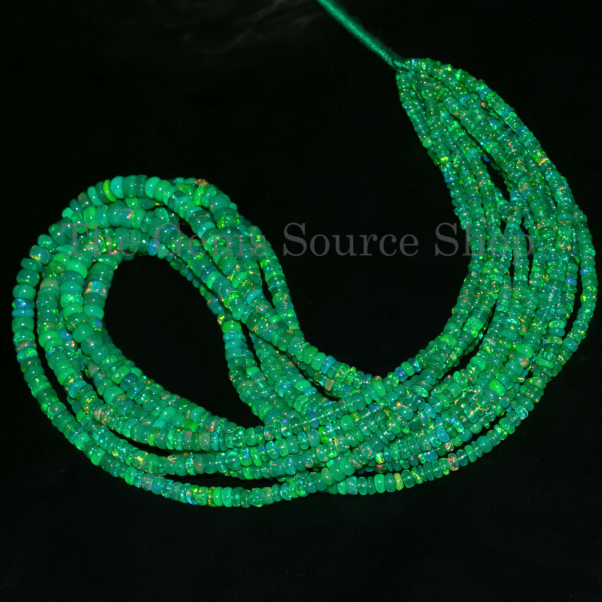 Rondelle Shape Smooth Green Dyed Ethiopian Opal Center Drilled 4-5mm Beads 16" Strand
