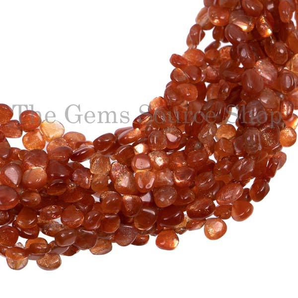 Natural Sunstone Heart Briolette, Smooth Gemstone Beads, Heart Beads