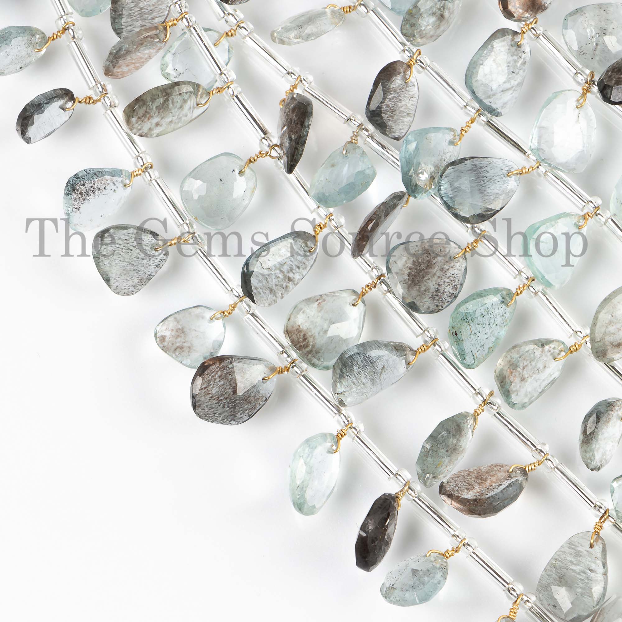 Moss Aquamarine Rose Cut Beads, Moss Aquamarine Gemstone Briolette, Flat Fancy Beads, Front to Back Drill Beads, Face Drill Beads, Cab Bead