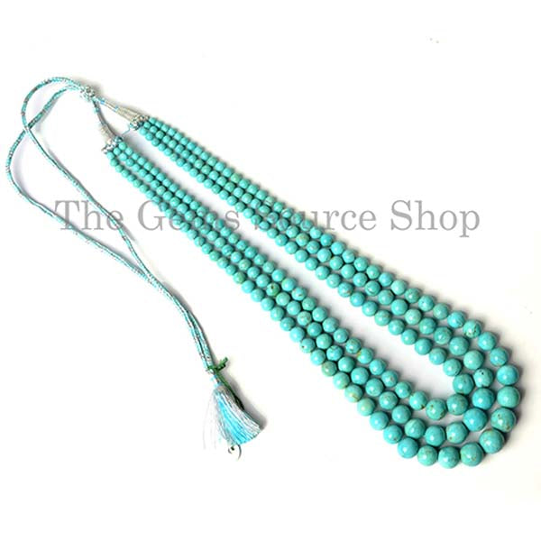 3 Lines Turquoise Smooth Round Beaded Necklace TGS-2049