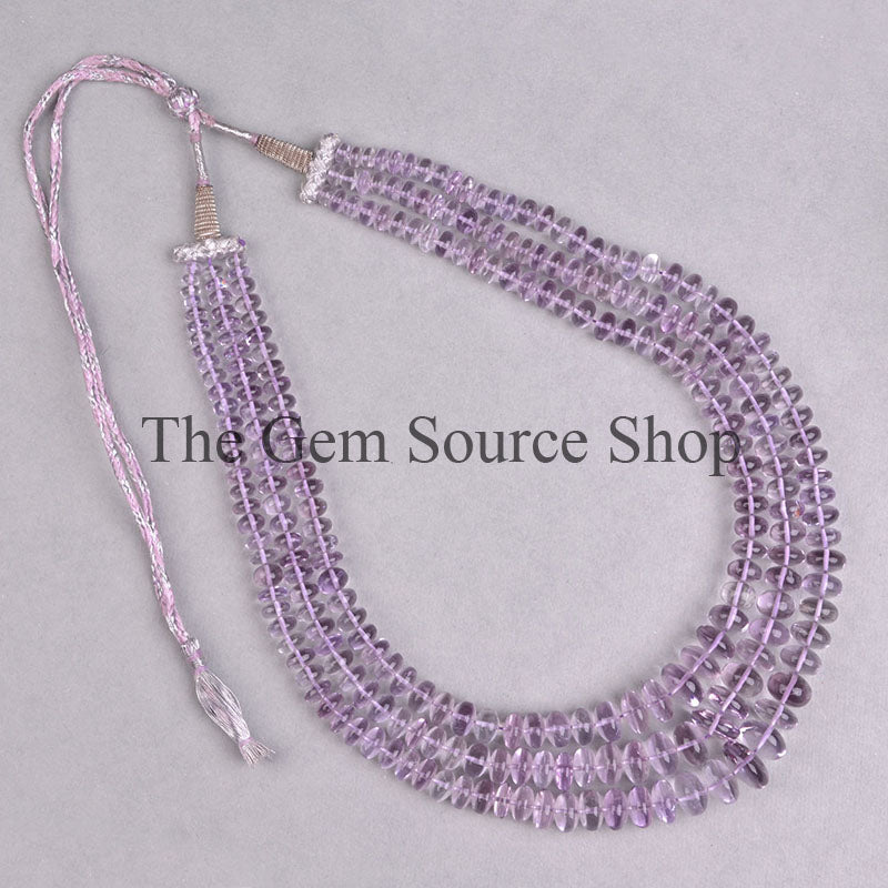 3 Lines Amethyst Smooth Rondelle Beaded Necklace , TGS- 0345