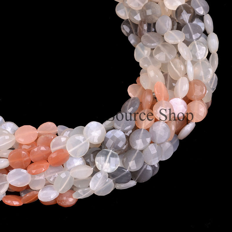 Multi Moonstone Beads, Faceted Coin Shape Beads, Multi Moonstone Gemstone Beads