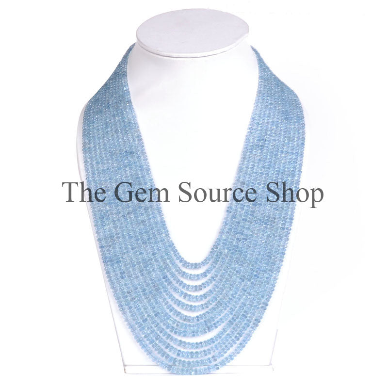 AAA Quality, 12 Lines Aquamarine Necklace Set, Faceted Rondelle Beads Necklace, Aquamarine Gemstone Jewelry