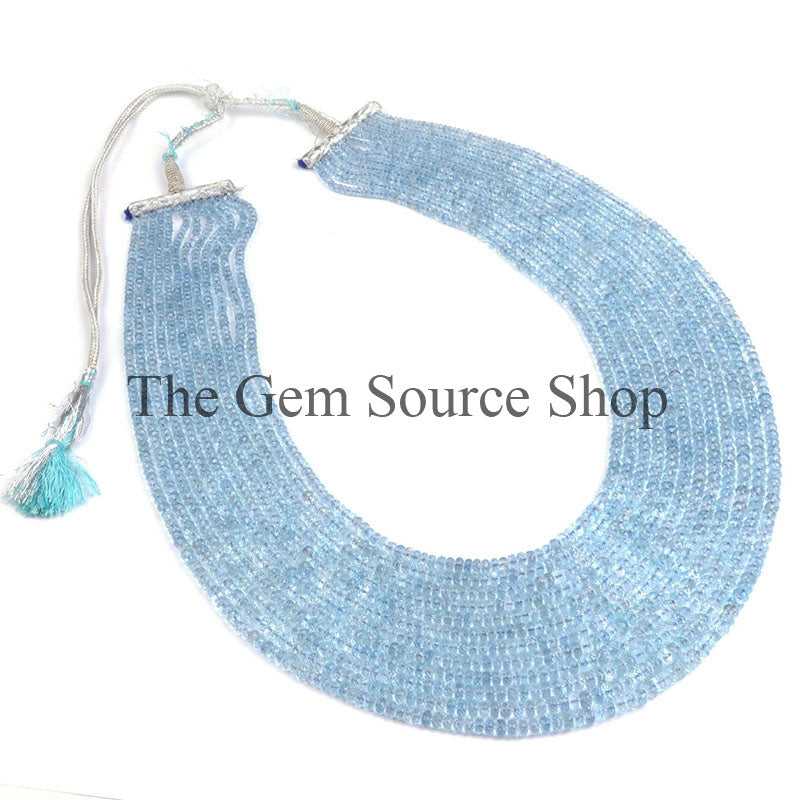 AAA Quality, 12 Lines Aquamarine Necklace Set, Faceted Rondelle Beads Necklace, Aquamarine Gemstone Jewelry