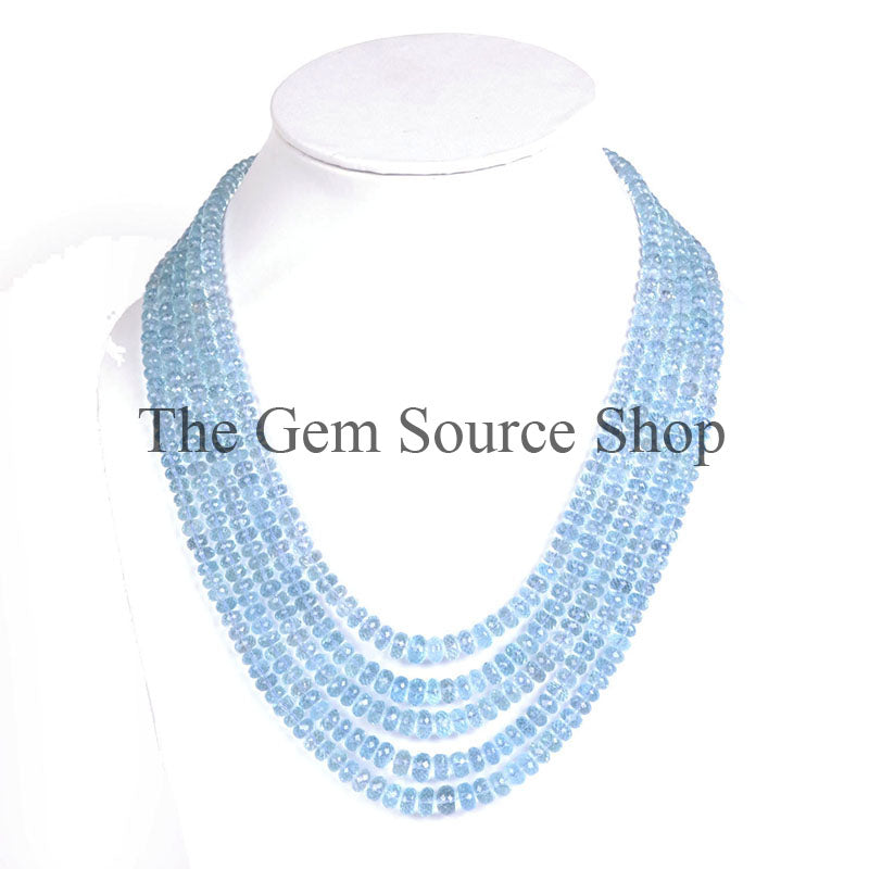 Santa Maria Aquamarine Beads Necklace, Faceted Rondelle Beads Necklace, 5 Lines Necklace Set