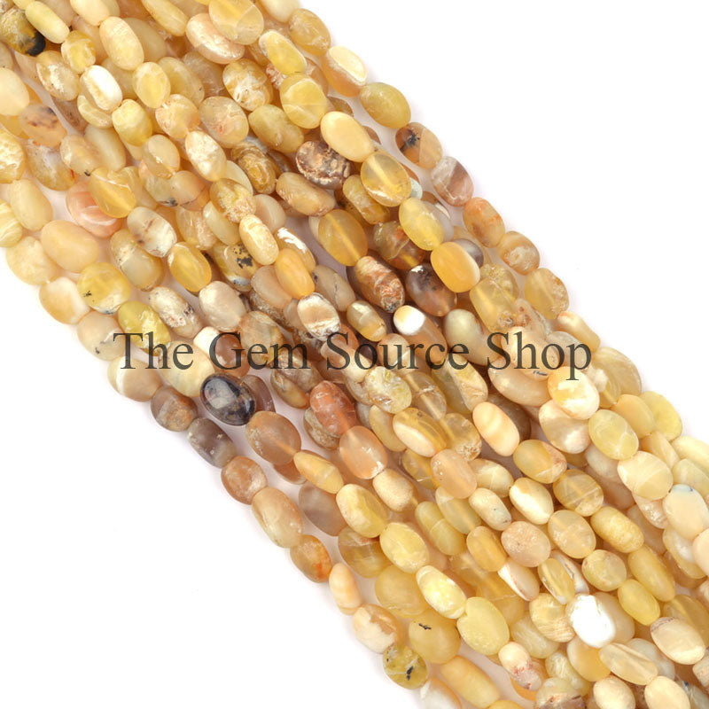 Yellow Opal Beads, Smooth Oval Shape Beads, Silver Wash Coated Beads, Plain Oval Beads