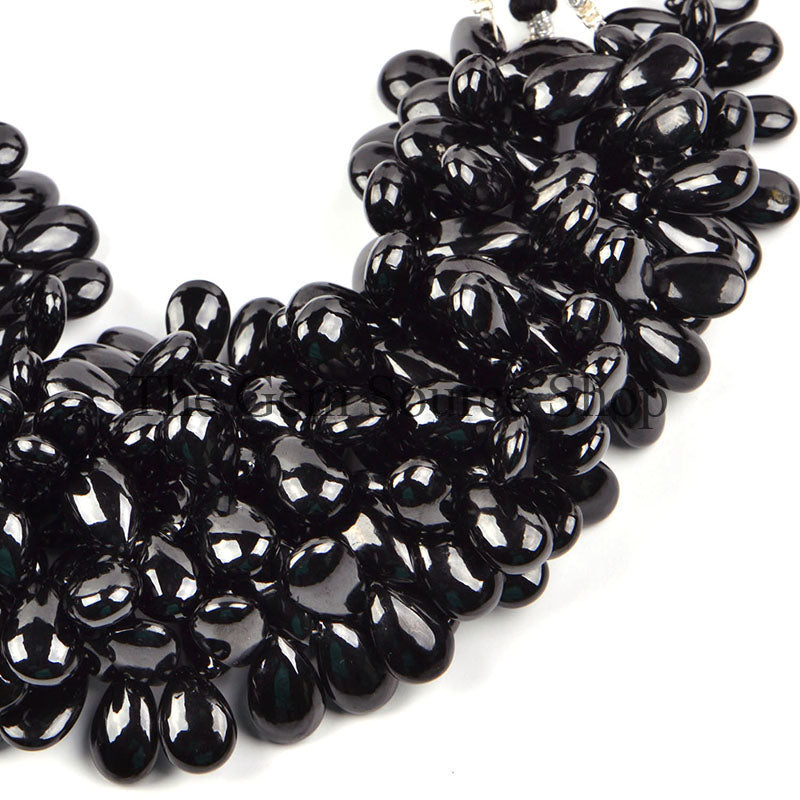 7.5x11.5-8.5x13.5mm-8" Black Spinel Smooth Pear Shape Gemstone Craft Beads Strand for Jewelry