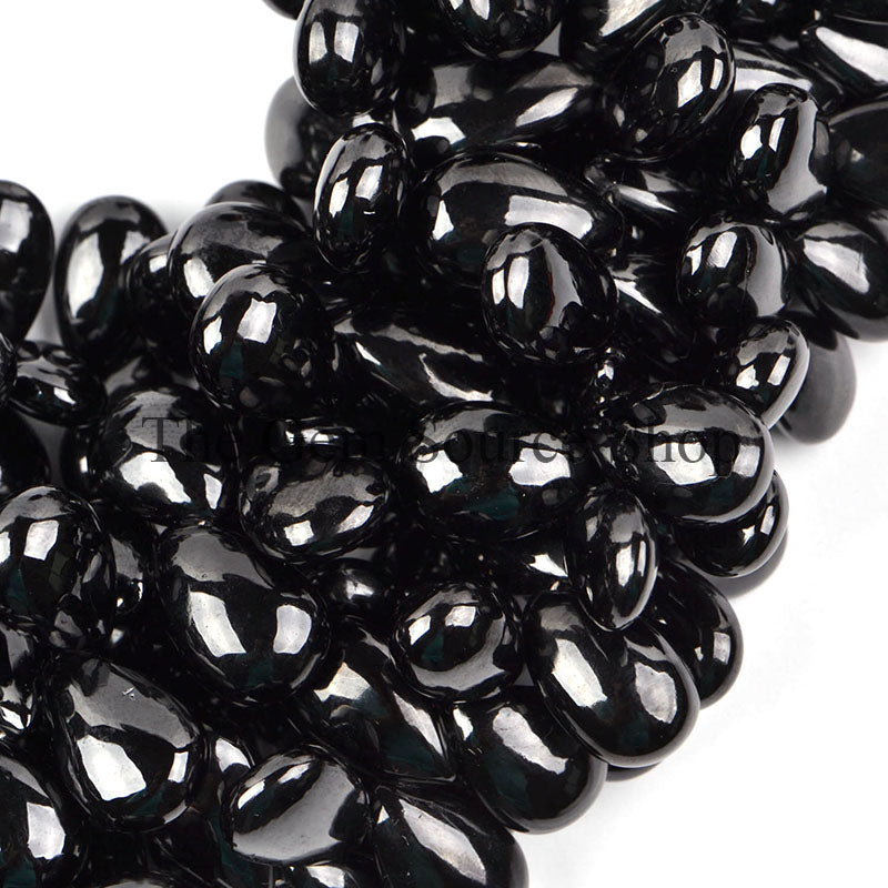 7.5x11.5-8.5x13.5mm-8" Black Spinel Smooth Pear Shape Gemstone Craft Beads Strand for Jewelry